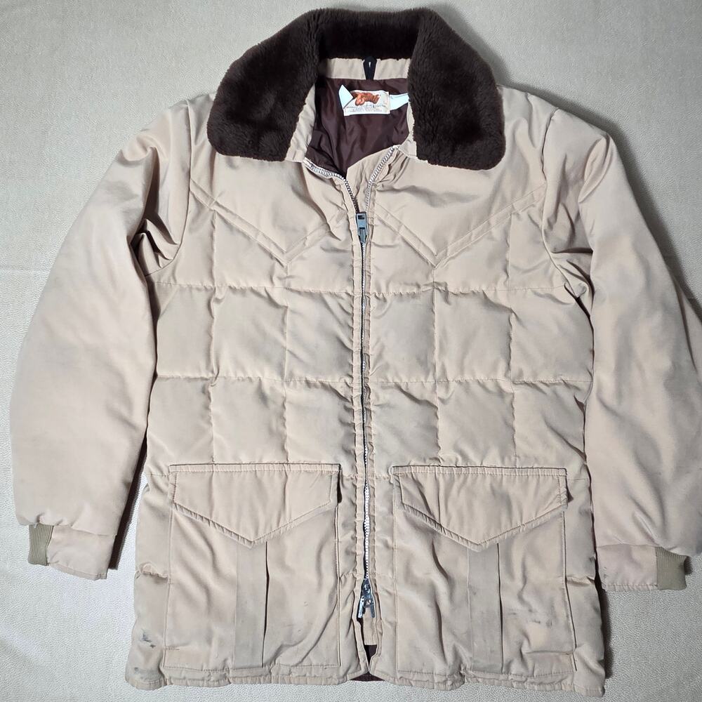 Vintage 70s Comfy Down Insulated Western Puffer Jacket - Tan / Faux Fur Collar